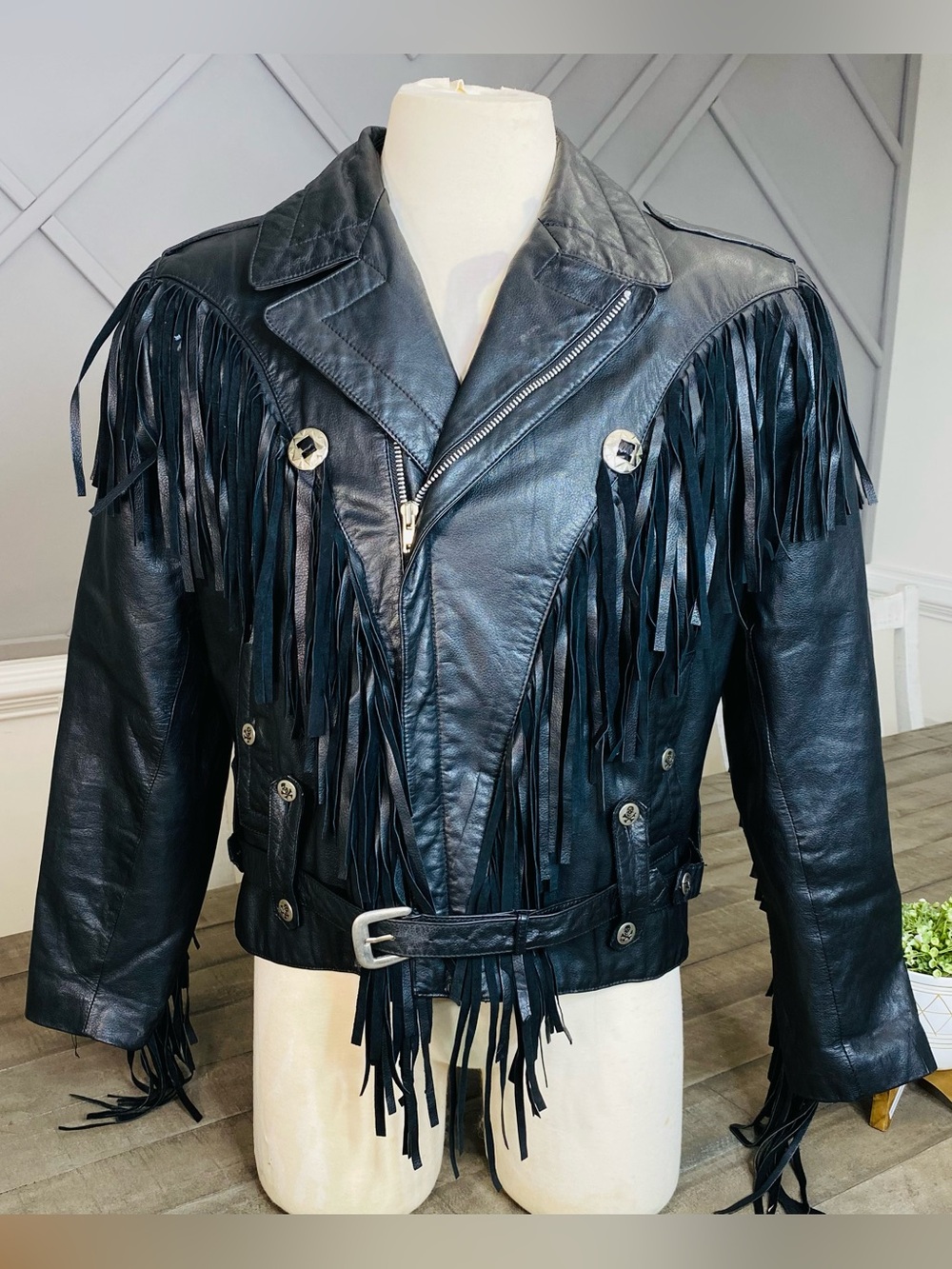 Vintage Leather Warehouse Black Fringe Moto Jacket Belted Western Rock Sz 44